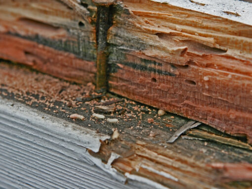 Close-up of deteriorating wood with visible signs of termite damage, including grooves, tunnels, and wood dust on the surface.