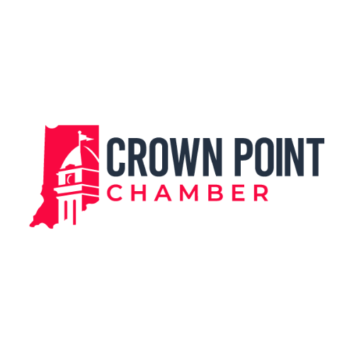 Logo with a red outline of Indiana, a courthouse tower inside, and the words “Crown Point Chamber” in bold black and red text on a white background, highlighting community businesses such as Hammond Pest Control Services.